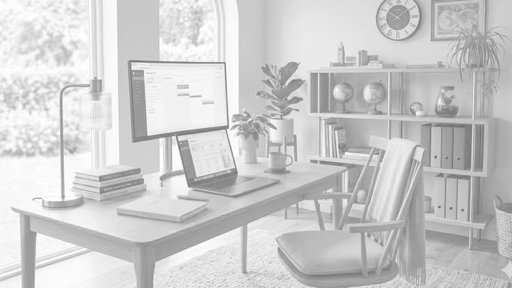 Ruang home office terang dengan meja kerja, monitor, buku, dan rak penyimpanan.